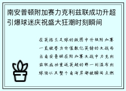 南安普顿附加赛力克利兹联成功升超引爆球迷庆祝盛大狂潮时刻瞬间