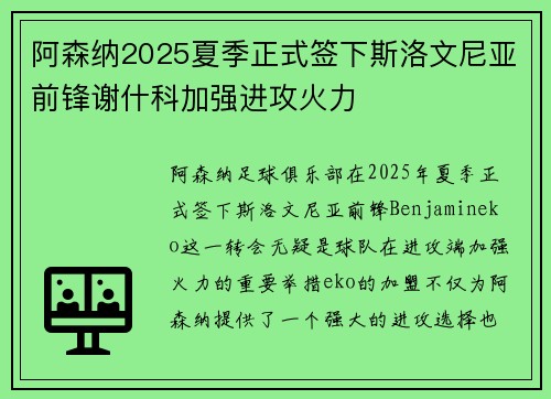 阿森纳2025夏季正式签下斯洛文尼亚前锋谢什科加强进攻火力 阿森纳2025夏季正式签下斯洛文尼亚前锋谢什科加强进攻火力